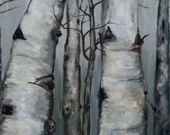 Forest Skyline Winter landscape painting acrylic painting, original large canvas Abstract painting 48x24