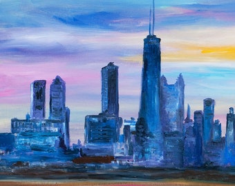 Chicago Skyline in impressionism Original oil painting 48x24