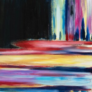 May include: Abstract painting with horizontal stripes of red, yellow, blue, and purple. The background is black with vertical stripes of blue, purple, and pink.