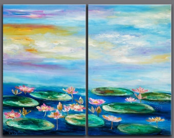 Waterlilies Original abstract flower art oil painting on gallery wrap canvas Ready to hang 48x36