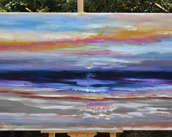 Original painting abstract sunset sea Wave large art landscape painting on gallery wrap canvas 52x28
