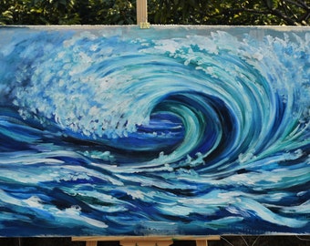 Original large modern impasto landscape painting sea art Rolling Wave Abstract Painting Acrylic Painting gallery canvas by tim Lam 52x28