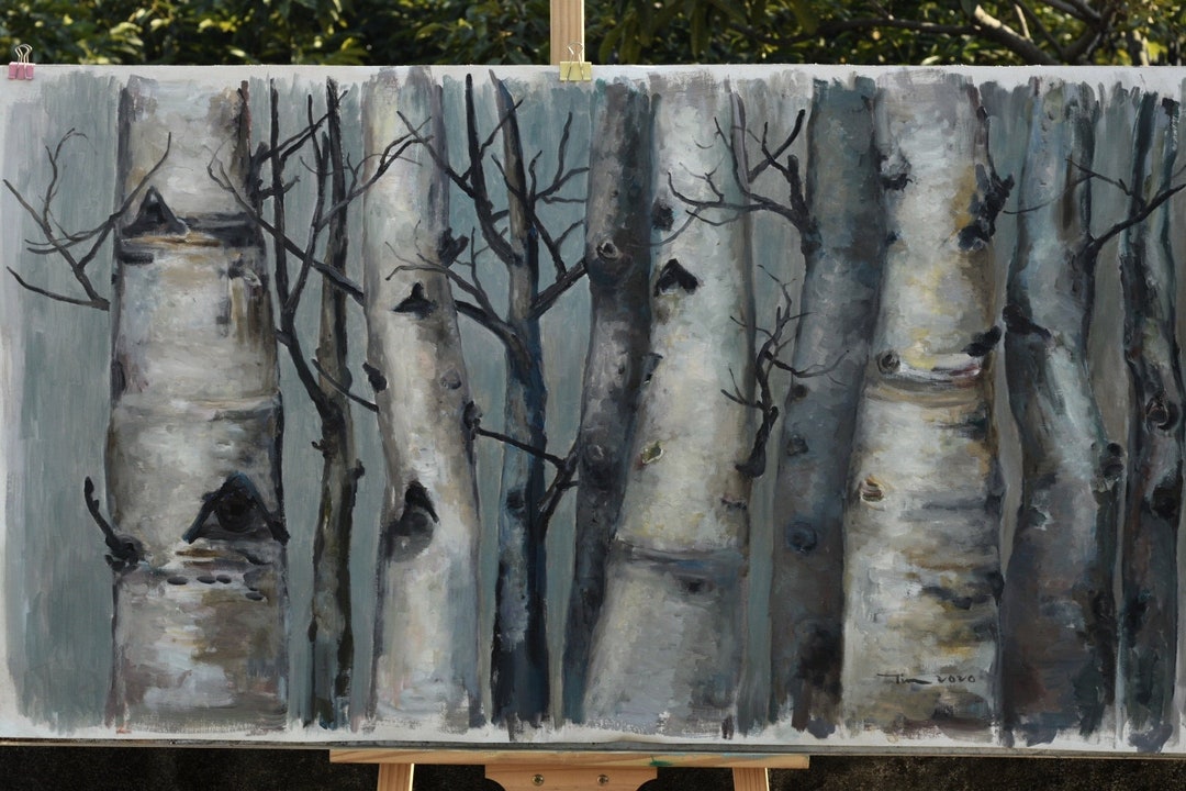 Original Abstract Tree Art Oil Painting Aspen Forest on Canvas 48x24 - Etsy