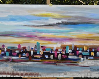 Original Abstrakte Skyline Malerei Art multi Farben riesiges Format 51x27