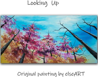 Looking Up blue sky, inclined trees, landscape painting acrylic painting, original large canvas 51x27