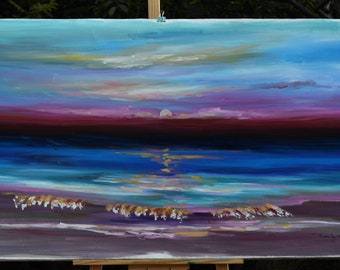 Beach art abstract painting Abstract Sunrise Wave Landscape Painting 51x27