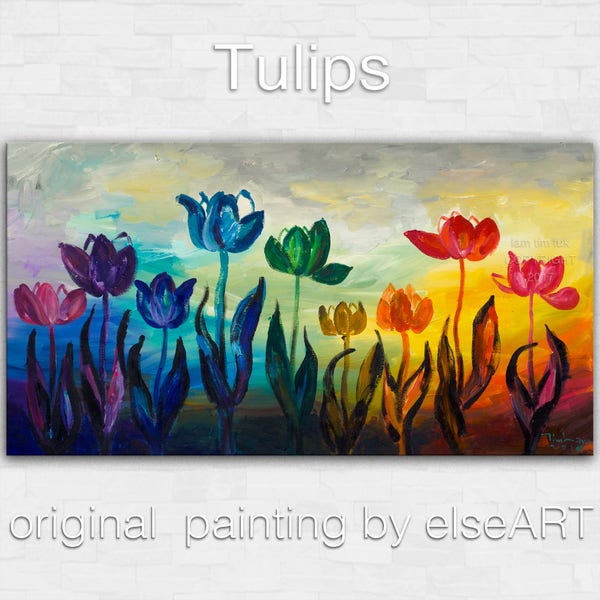 Art Original abstract painting Multi color tulip Large Oil painting on gallery wrap canvas Ready to hang 48x24