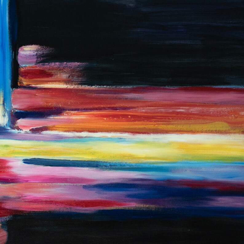 May include: Abstract painting with horizontal stripes of various colors, including red, orange, yellow, blue, and purple. The background is black.