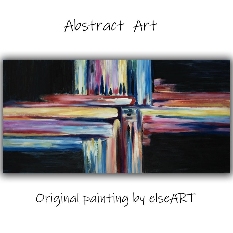 May include: Abstract painting with colorful stripes in shades of blue, yellow, pink, and purple on a black background. The painting is titled "Abstract Art" and signed "Original Painting by elseART".
