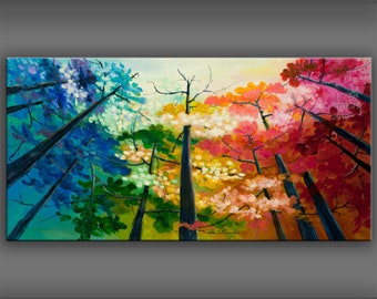 Looking Up blue sky, inclined trees, landscape painting acrylic painting, original large canvas 51x27