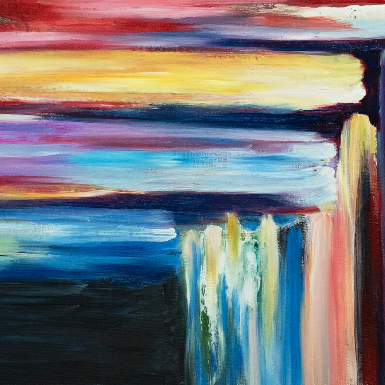 May include: Abstract painting with horizontal stripes of red, yellow, blue, and purple. The stripes are painted in a loose, gestural style, creating a sense of movement and energy.