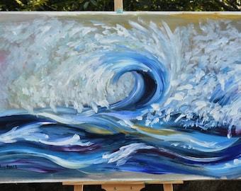 Rolling wave, Original Art painting huge modern acrylic painting  Abstract Painting on linen canvas, 51" x 27"