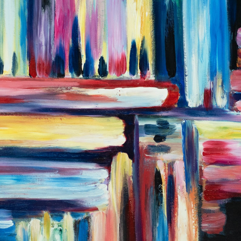 May include: Abstract painting with vertical and horizontal brushstrokes in shades of blue, yellow, red, purple, and white.