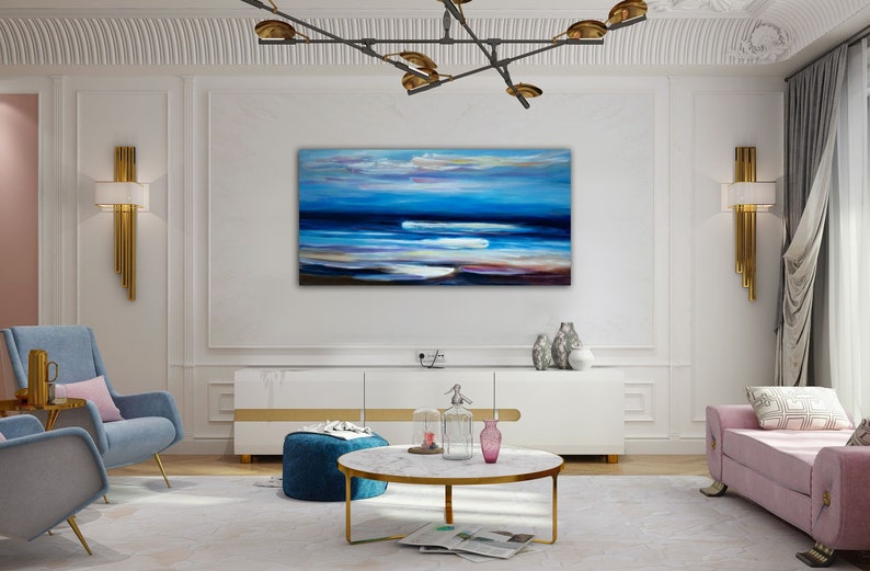 Abstract Beach Wave, Original Art painting huge modern painting Abstract Painting on linen canvas 51x27 image 2