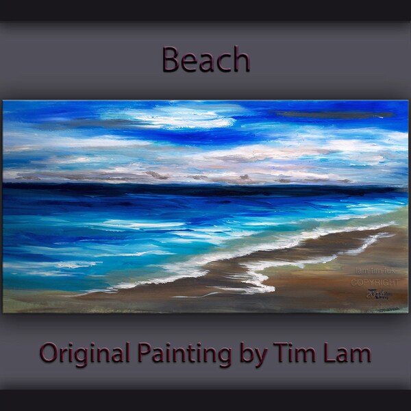Original abstract sea art acrylic painting beach wave on gallery wrap canvas Ready to hang by tim Lam 48x24