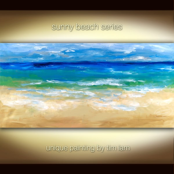 Peaceful Beach, sand sea sky,  Contemporary Huge Original acrylic Seascape Painting 48x24