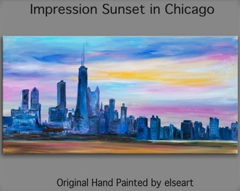 Chicago Skyline in impressionism Original oil painting 48x24