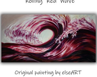 Red Rolling wave, Original Art painting huge modern acrylic painting  Abstract Painting on linen canvas, 51" x 27"