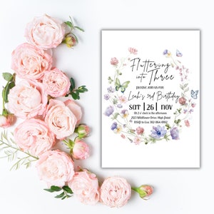 Arched Butterfly Floral Birthday Invitation, 3rd Birthday Invite, Floral Butterfly Birthday Invitation, Pink Purple Green Butterfly Party