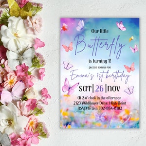 Watercolor Butterfly Birthday Invitation, 1st Birthday Invite, Floral Butterfly Birthday Invitation, Pink Purple Butterfly Party