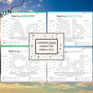 Actividad sobre el carácter de Dios, actividades de pintura y puntos con la Biblia del abecedario para niños, alfabeto de versículos bíblicos para niños, tarjetas de las Sagradas Escrituras para niños, puntos, búsqueda y trazado