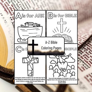 Può includere: Pagine da colorare in bianco e nero con le lettere A, B, C e S. Ogni pagina ha un'immagine diversa legata alla Bibbia, come un'arca, una croce, una Bibbia e un discepolo. Il titolo "Pagine da colorare della Bibbia A-Z" è in cima alla pagina.