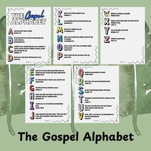 Op de afbeelding: Een kleurrijk, afdrukbaar alfabet-overzicht met bijbelteksten voor elke letter. De kaart heeft de titel "The Gospel Alphabet".