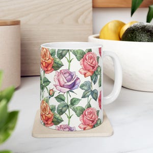 Watercolor Roses Ceramic Mug, Colorful Floral Coffee Cup, Rose Lover Gift, Flower Design Tea Mug, Unique Kitchen Decor, Birthday Gift Idea