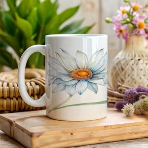 Daisy Flower Ceramic Mug, Watercolor White Daisy, Personalized Coffee Cup, April Birth Month Gift, Spring Decor, Custom Name Message Mug