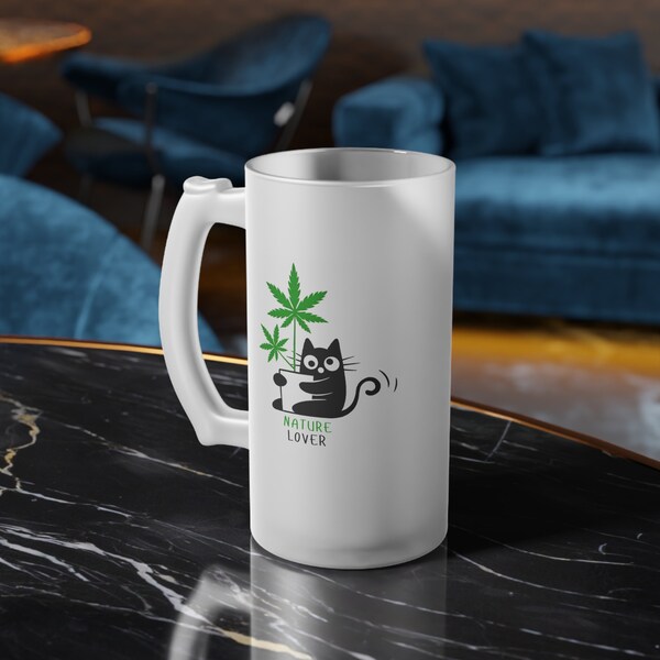 Amoureux de la nature Chope de bière givrée de 16 OZ, chope chat noir, tasse drôle, tasse amateur de plantes, tasse 420, tasse de cannabis, tasse de feuilles de weed, tasse de marijuana, cadeau stoner,