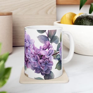 Lila koffiemok, mok aquarel bloemen, paarse lavendel koffie thee drinkgerei, prachtig bloemdessin, cadeau voor natuurliefhebber, Moederdag