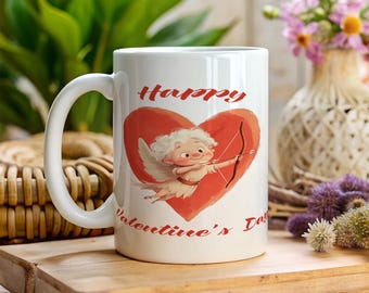 Cupid Valentine's Day Mug, Romantic Cartoon Heart, Customizable Gift
