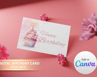 Tarjeta de cumpleaños imprimible – Pastel rosa, plantilla personalizable de Canva (descarga digital)