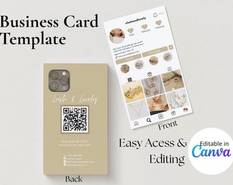 May include: A business card template with a tan background, featuring the text "Business Card Template." The card design includes a QR code, the text "Lush & Lovely," and an Instagram profile mockup.