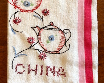 Vintage Linen Towel - Hand Embroidery Teapot Teacup Linen with Red Border - China Towel - Unused Kitchen Towel