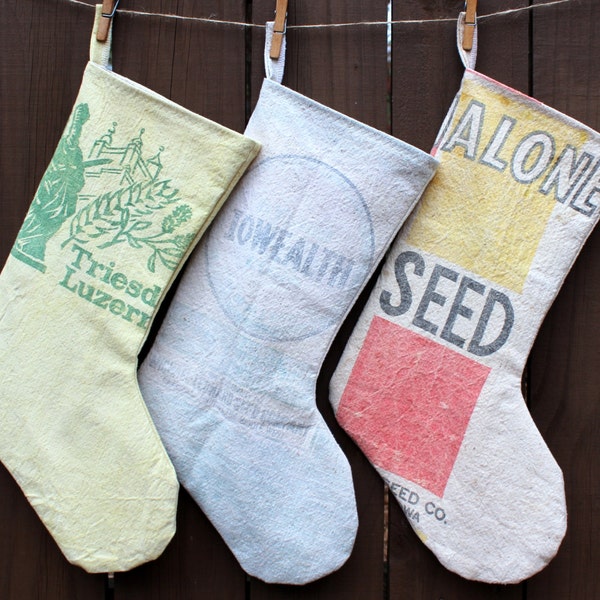 Vintage Grain Sack Christmas Stockings - Set of 3 - One of a Kind - Country Living Magazine - Flea Market Style