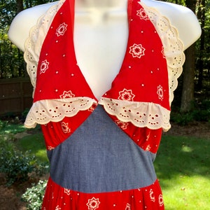 Vintage Maxi Dress - Clancy’s Jrs - Size 5 Junior - Red White Blue - Bandana Print Halter Dress - 1960s 1970s Long Dress