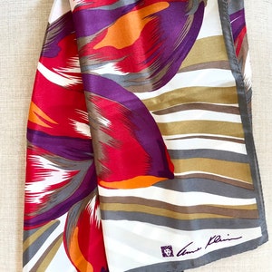 Vintage Silk Scarf -  Signed Anne Klein for the Vera Companies - Japan - Red Purple Gray Tan Orange - Large Floral Design