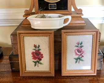 Framed Vintage Needlepoint Roses - Pink and Red Rose - Wall Decor - Bedroom Bathroom Livingroom - Cottage Farmhouse Traditional Shabby Chic