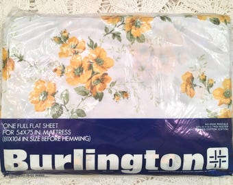 Vintage Bed Sheet - Full Sheet Set - Yellow Roses Full Flat Fitted Sheets - Burlington -No Iron Percale - NOS - Unused Vintage Bedding