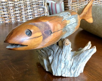 Carved Wood Fish - Signed R Brandt 91 - Vintage Decor - Fishing Sporting Outdoor Decor - Traditional Library Decor