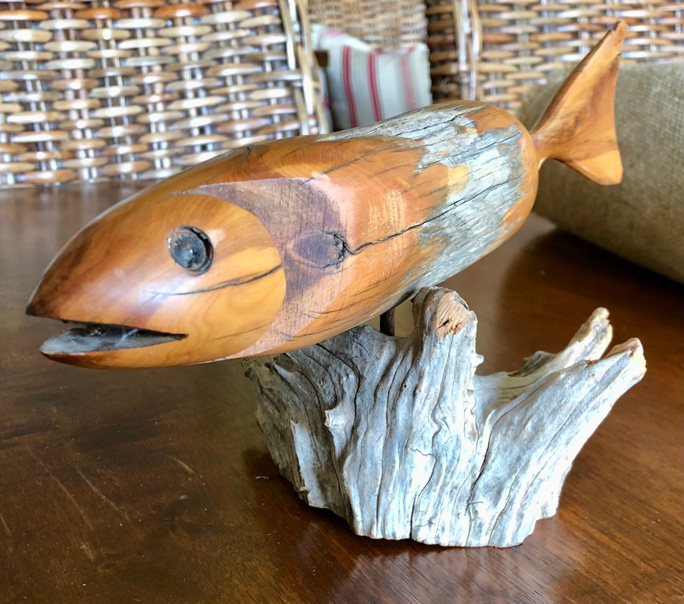 Carved Wood Fish Signed R Brandt 91 Vintage Decor Fishing