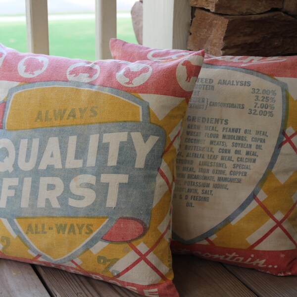 Vintage Feedsack Pillow  - Always Quality First - Grain Sack Pillow - Red Gold and Blue- Chicken Concentrate