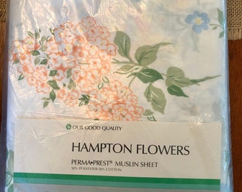 Vintage Bed Sheet - Sears Hampton Flowers Sheet - Full Flat Sheet - NIP - New Old Stock