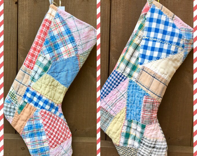 SALE Vintage Quilt Christmas Stockings Holiday Stocking Handmade Featherstitching Country