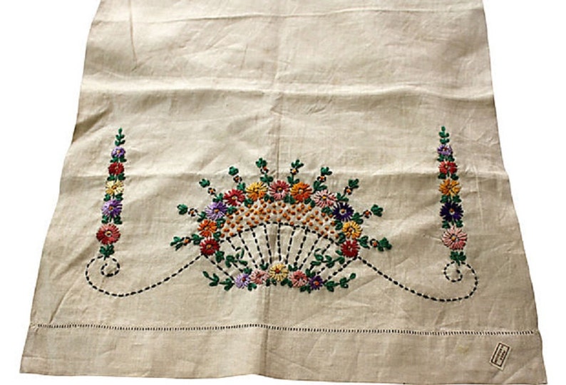 Belgian Linen Table Runner Flower Topiaries Embroidered - Etsy