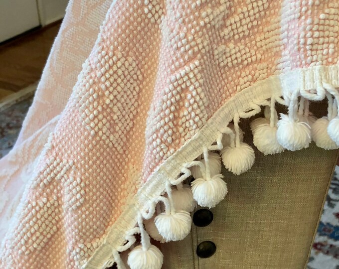 Vintage Chenille Bedspread Pink Cabbage Roses Pom Pom Trim Twin Full Size Cottage Country