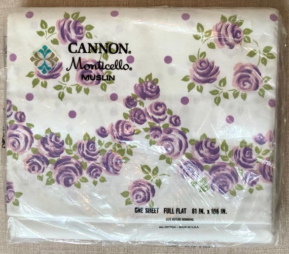 Vintage Full Flat Sheet  - All Cotton Muslin - Purple Roses - Cannon Muslin - Vintage Muslin Sheet - Unused