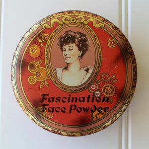 Vintage Tin - Fascination Face Powder - Red with Lady - Lidded - Round Powder Tin - Daher