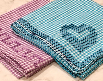 Gingham Chicken Scratch Cross Stitch Table Square - Card Table Square - Small Table Cloth - Vintage Linens - Blue Gingham -Purple Gingham